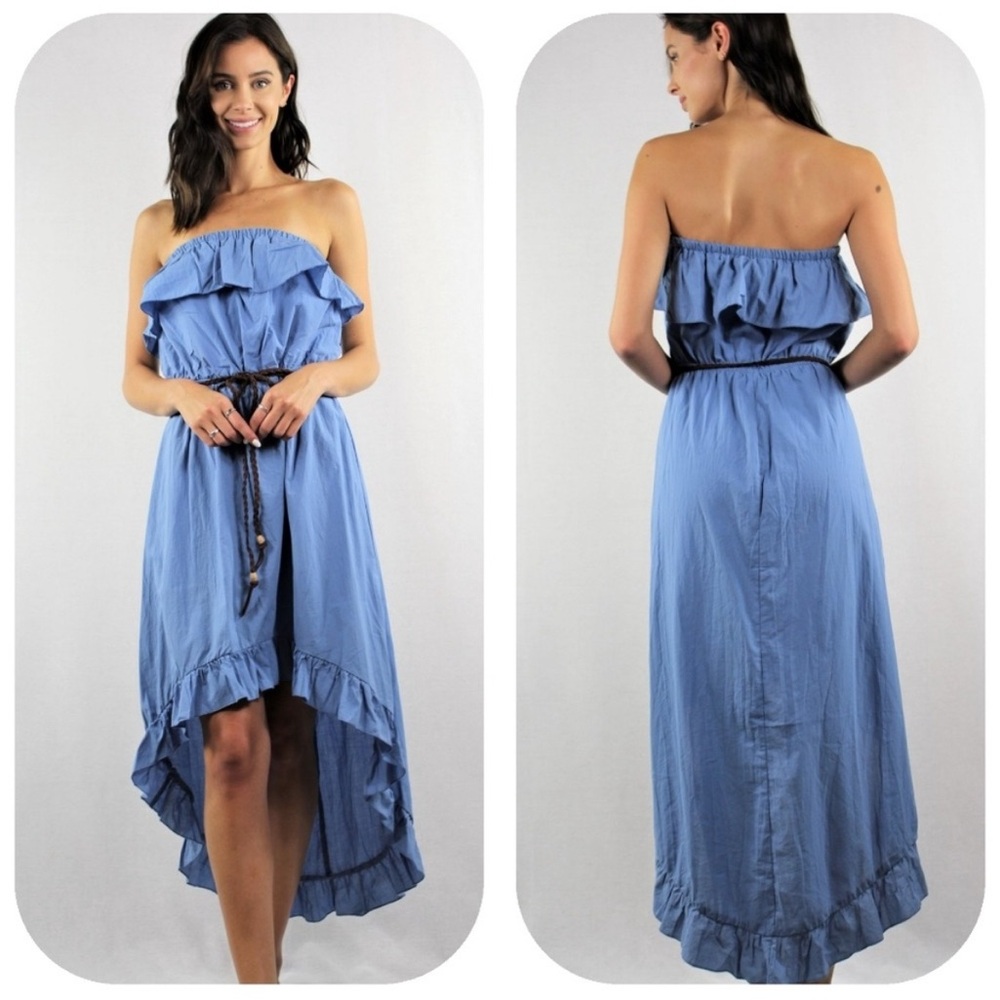 Flawless High-Low Blue Ruffle Dress with Braided Belt – Size M | NWOT